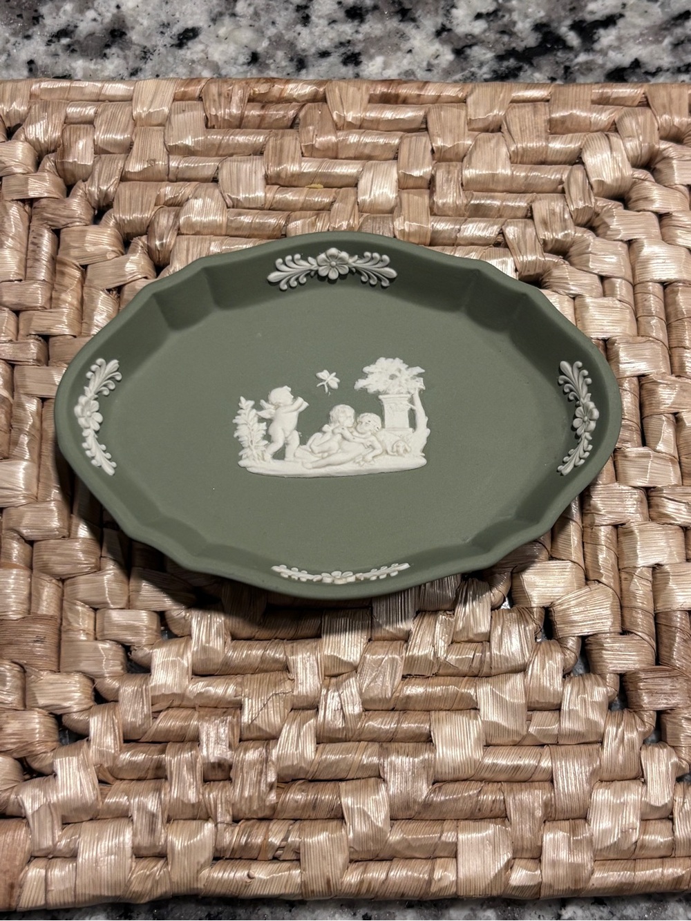 Wedgwood Olive Green Jasperware Oval Trinket Dish with White Relief